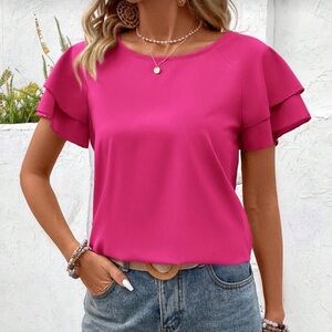 NWOT Shein hot pink color Round Neck Ruffle sleeves top size large